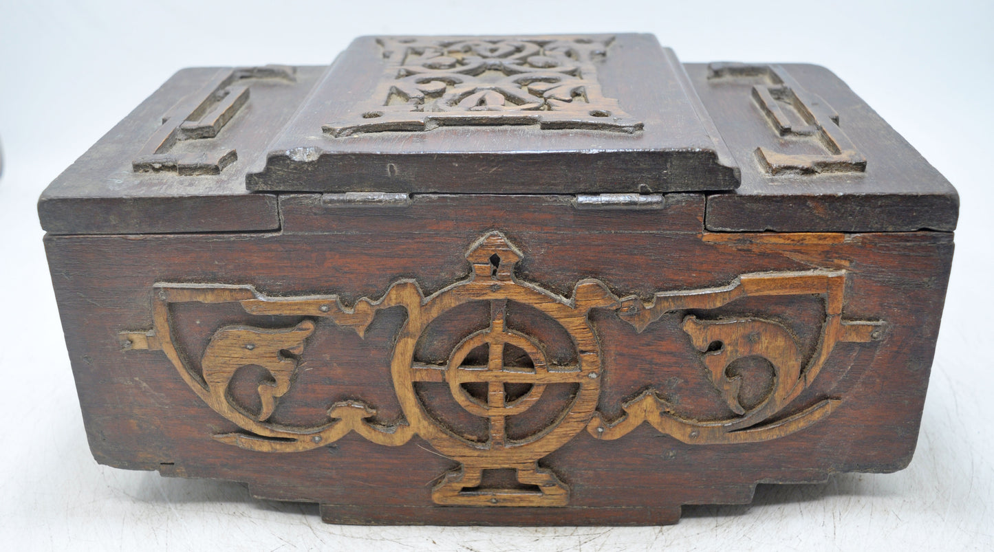 Antique Wooden 3 Lids Storage Box Original Old Hand Crafted Carved