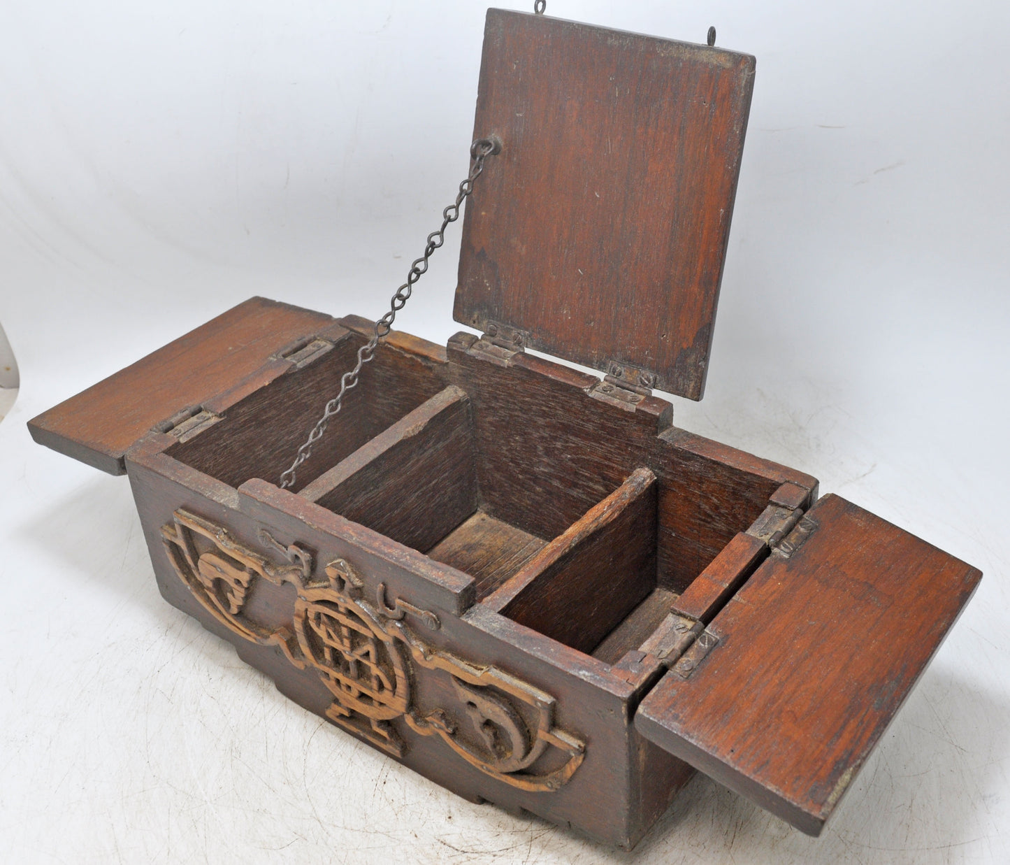 Antique Wooden 3 Lids Storage Box Original Old Hand Crafted Carved