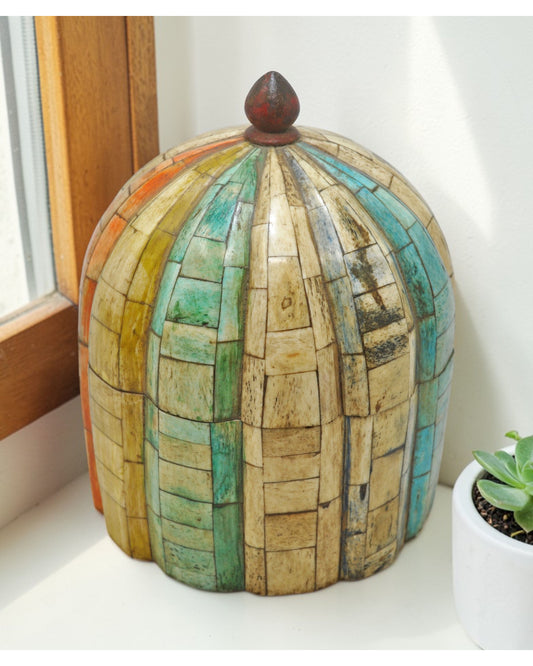 Vintage Wooden Dome Shaped Round Bone Fitted Box Original Old Hand Carved