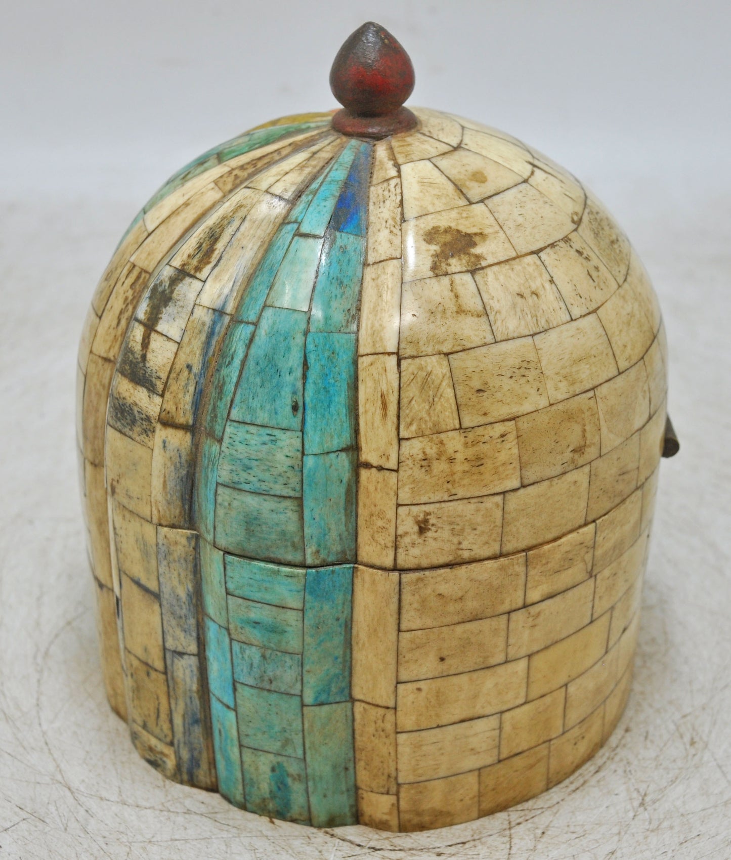 Vintage Wooden Dome Shaped Round Bone Fitted Box Original Old Hand Carved