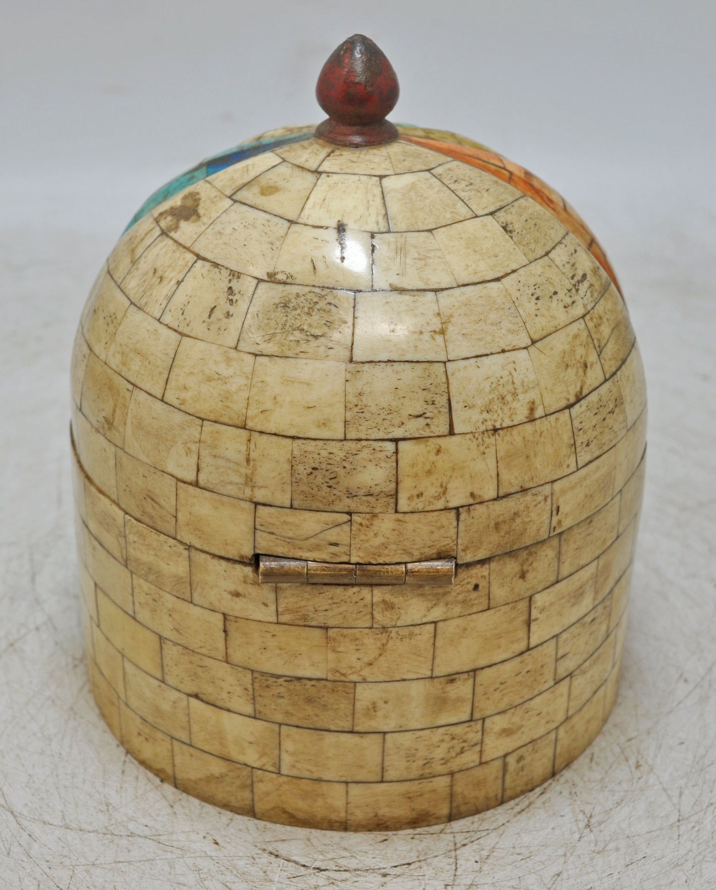 Vintage Wooden Dome Shaped Round Bone Fitted Box Original Old Hand Carved