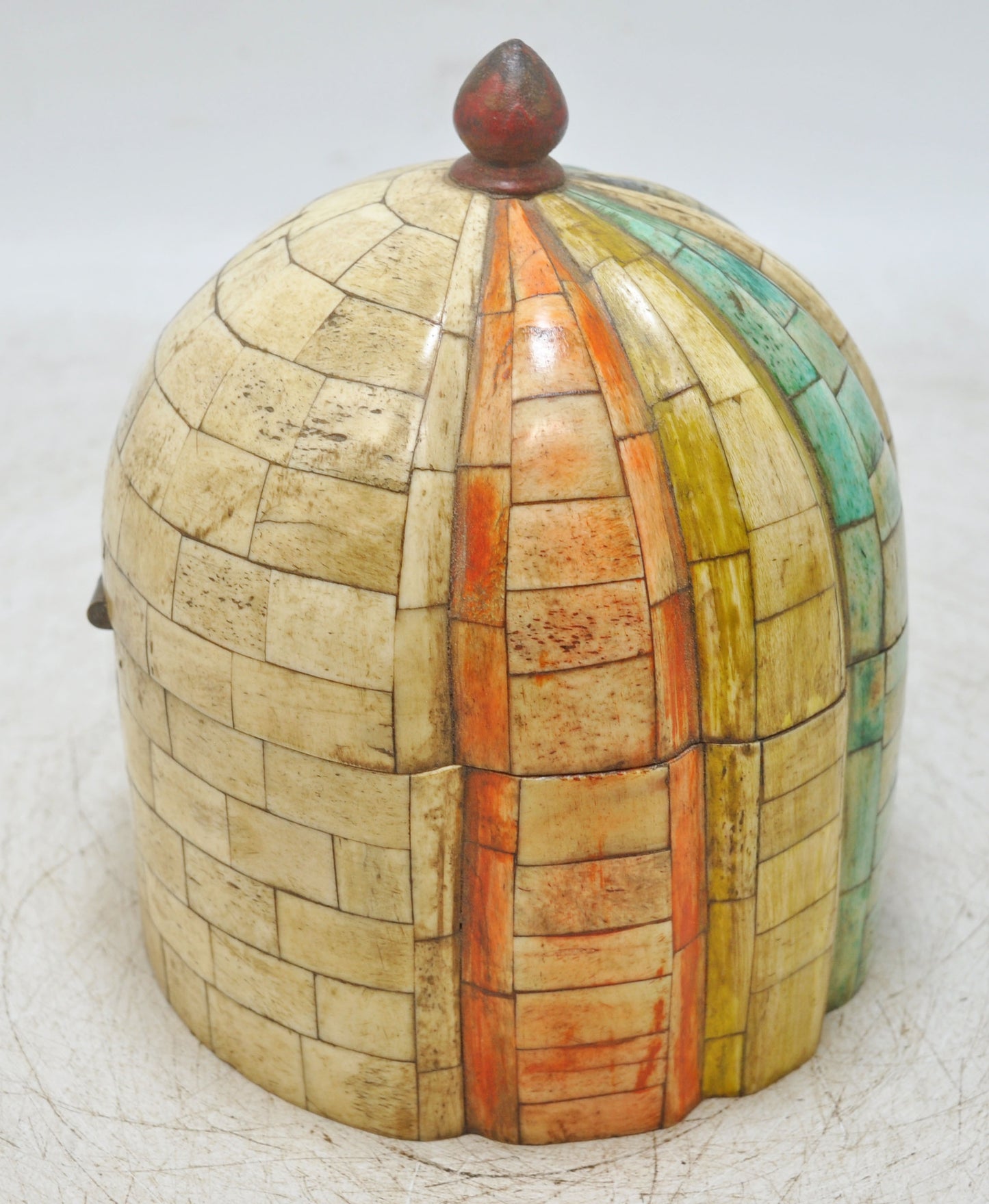 Vintage Wooden Dome Shaped Round Bone Fitted Box Original Old Hand Carved