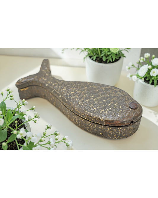 Antique Wooden Fish Shaped Kum Kum Powder Tika Box Original Old Brass Fitted