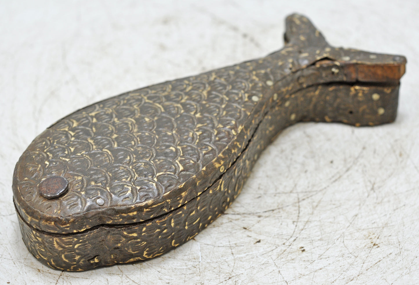 Antique Wooden Fish Shaped Kum Kum Powder Tika Box Original Old Brass Fitted
