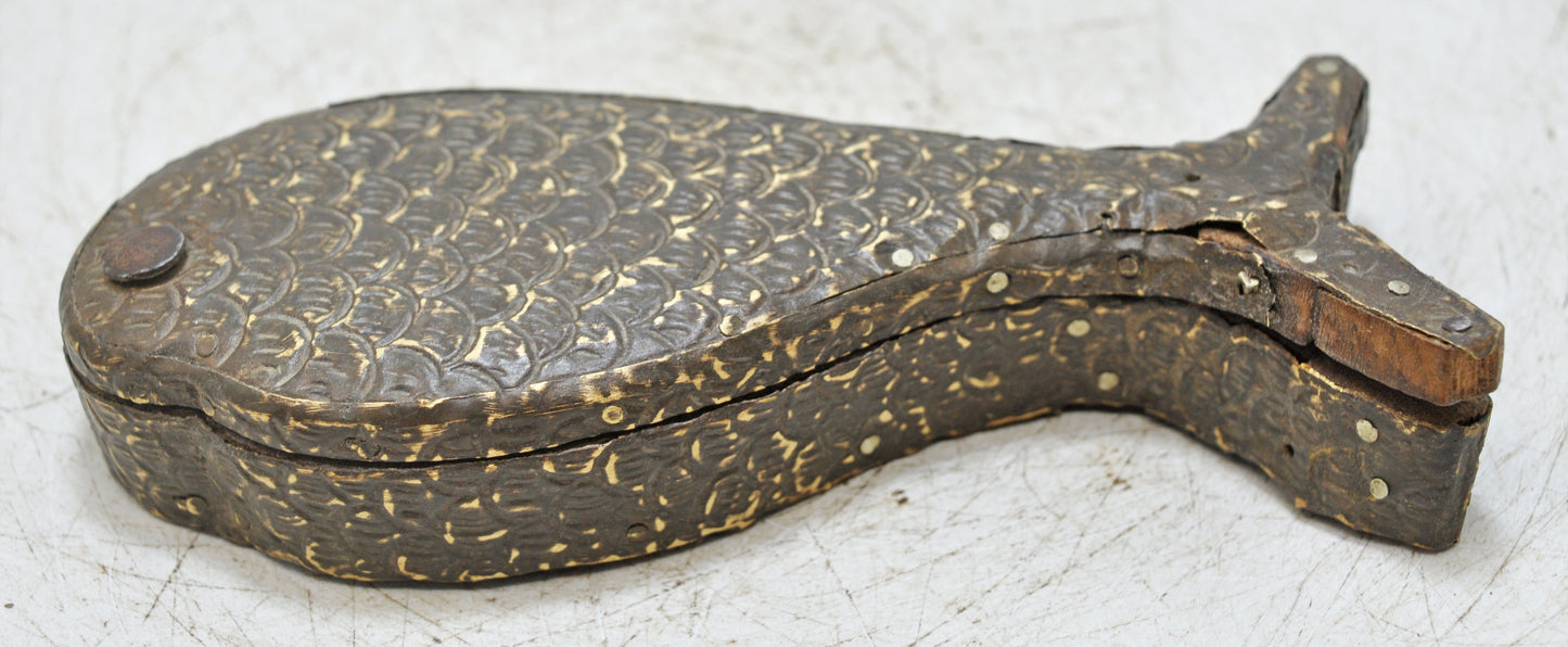 Antique Wooden Fish Shaped Kum Kum Powder Tika Box Original Old Brass Fitted