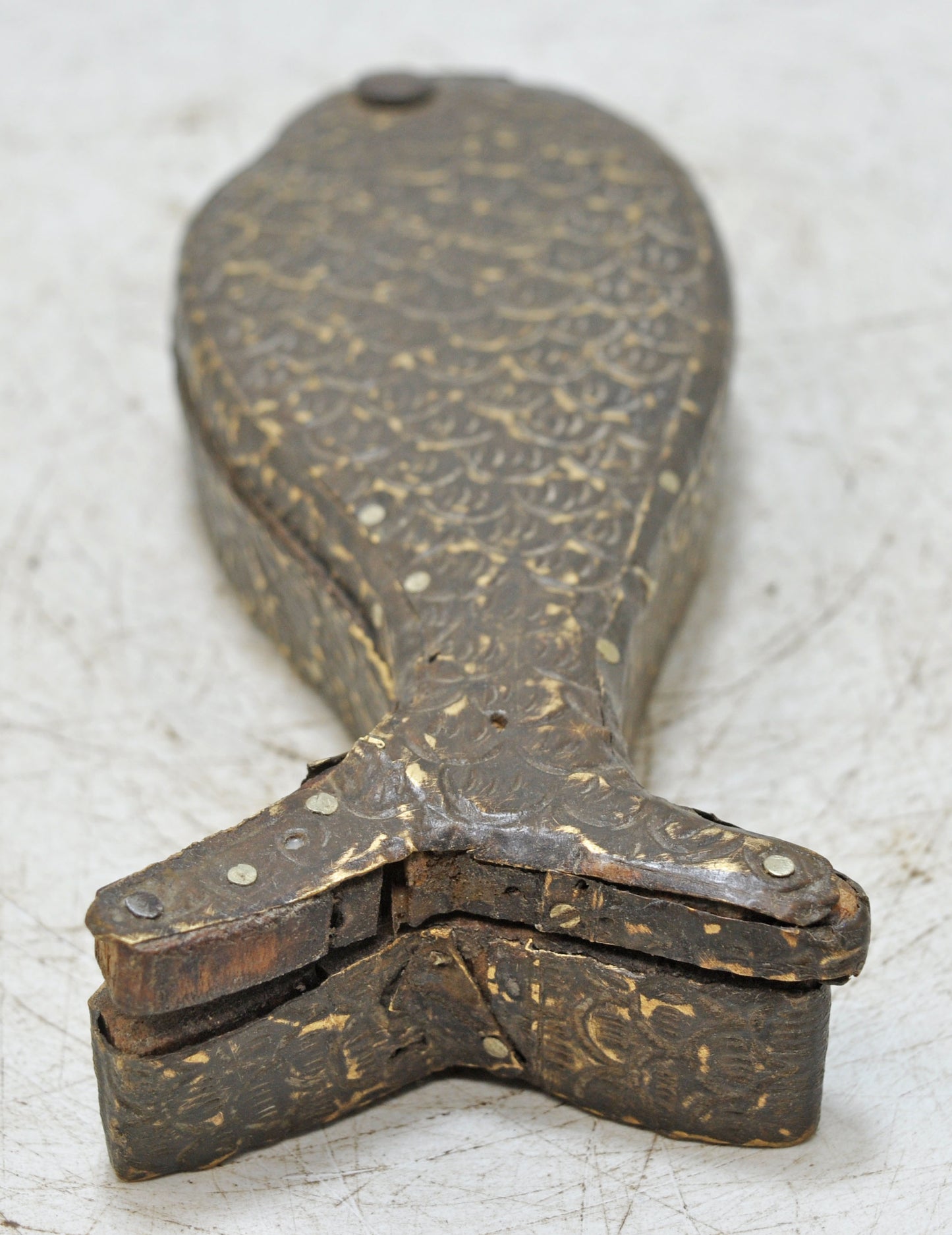 Antique Wooden Fish Shaped Kum Kum Powder Tika Box Original Old Brass Fitted
