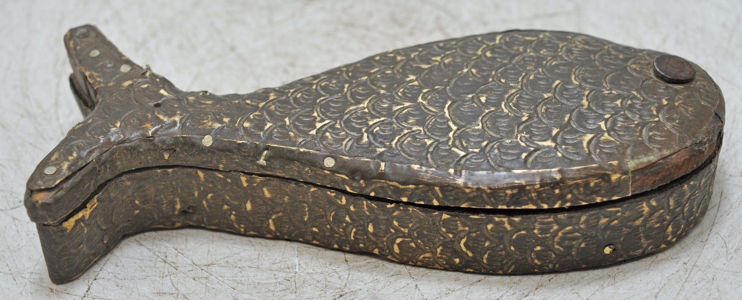 Antique Wooden Fish Shaped Kum Kum Powder Tika Box Original Old Brass Fitted