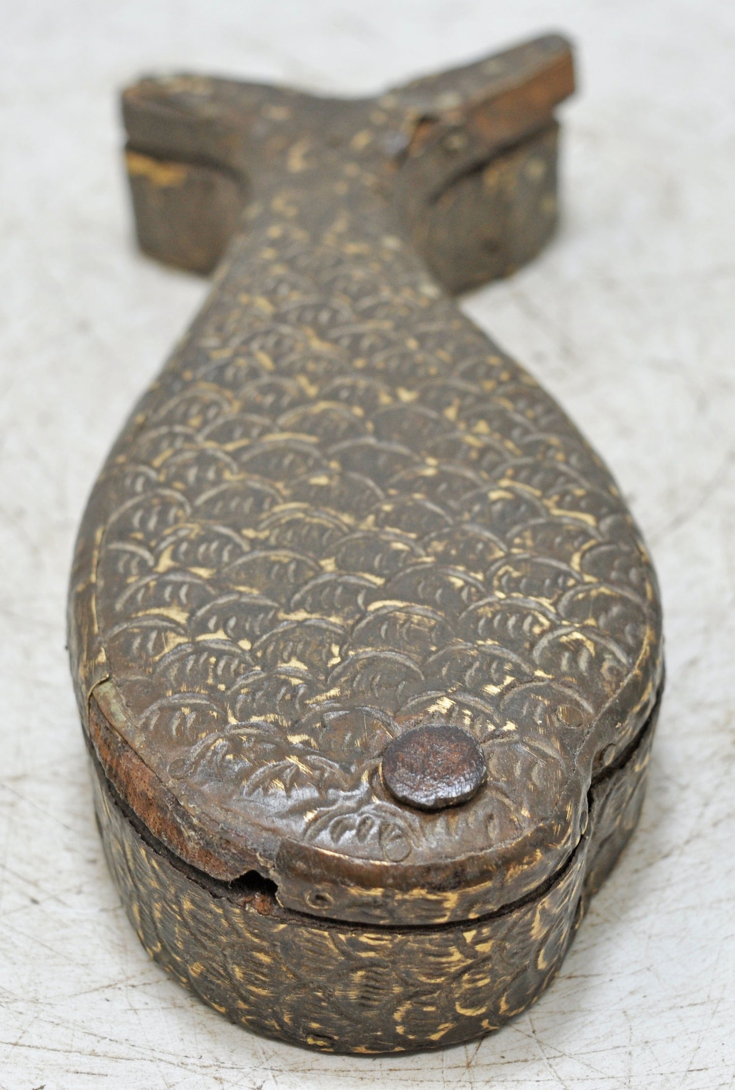 Antique Wooden Fish Shaped Kum Kum Powder Tika Box Original Old Brass Fitted