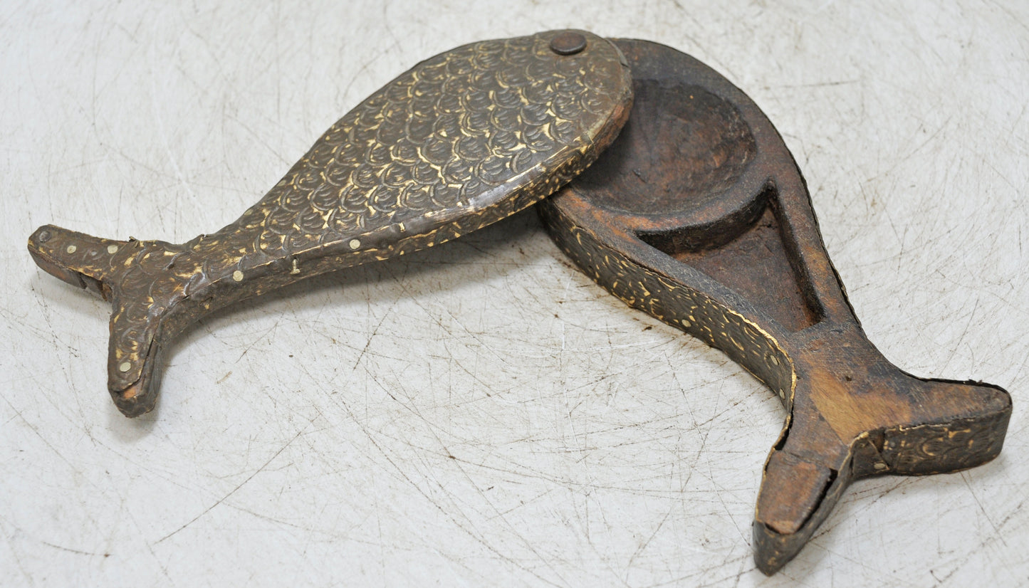 Antique Wooden Fish Shaped Kum Kum Powder Tika Box Original Old Brass Fitted