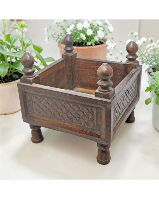 Vintage Wooden Square Basket Original Old Hand Crafted Carved
