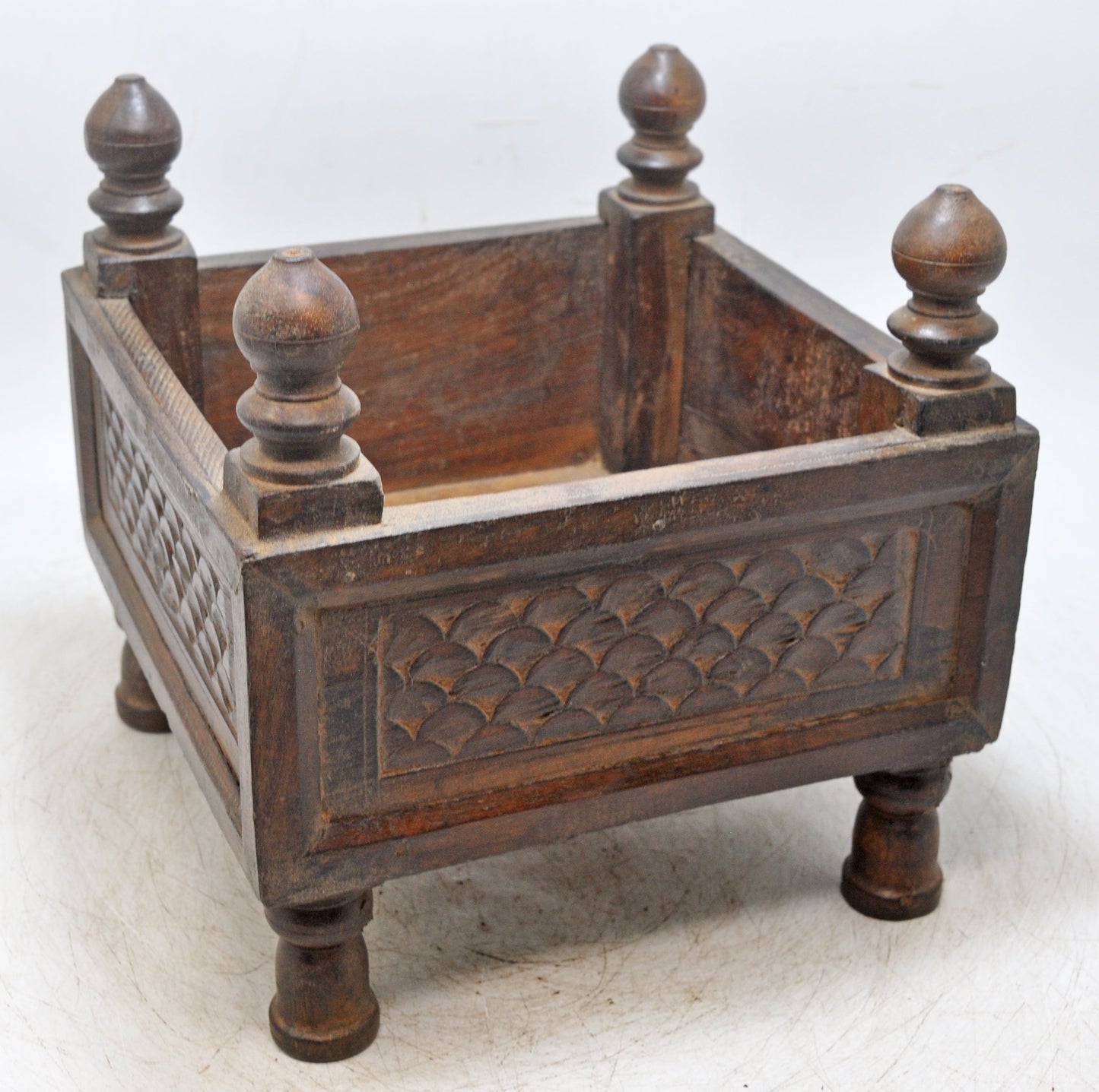 Vintage Wooden Square Basket Original Old Hand Crafted Carved