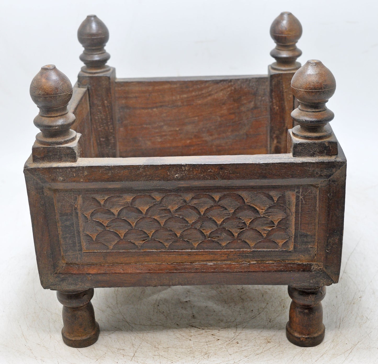 Vintage Wooden Square Basket Original Old Hand Crafted Carved