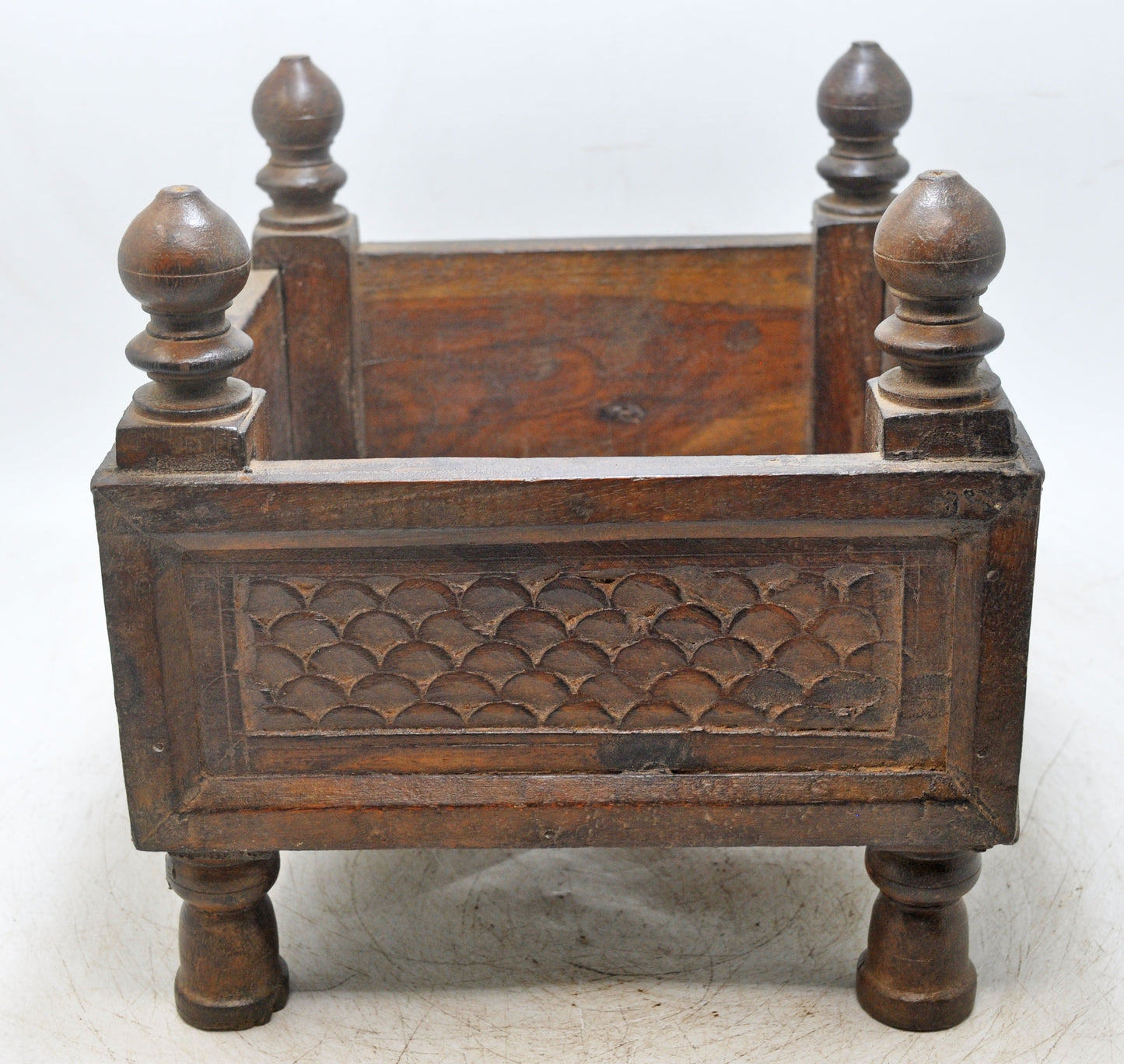Vintage Wooden Square Basket Original Old Hand Crafted Carved