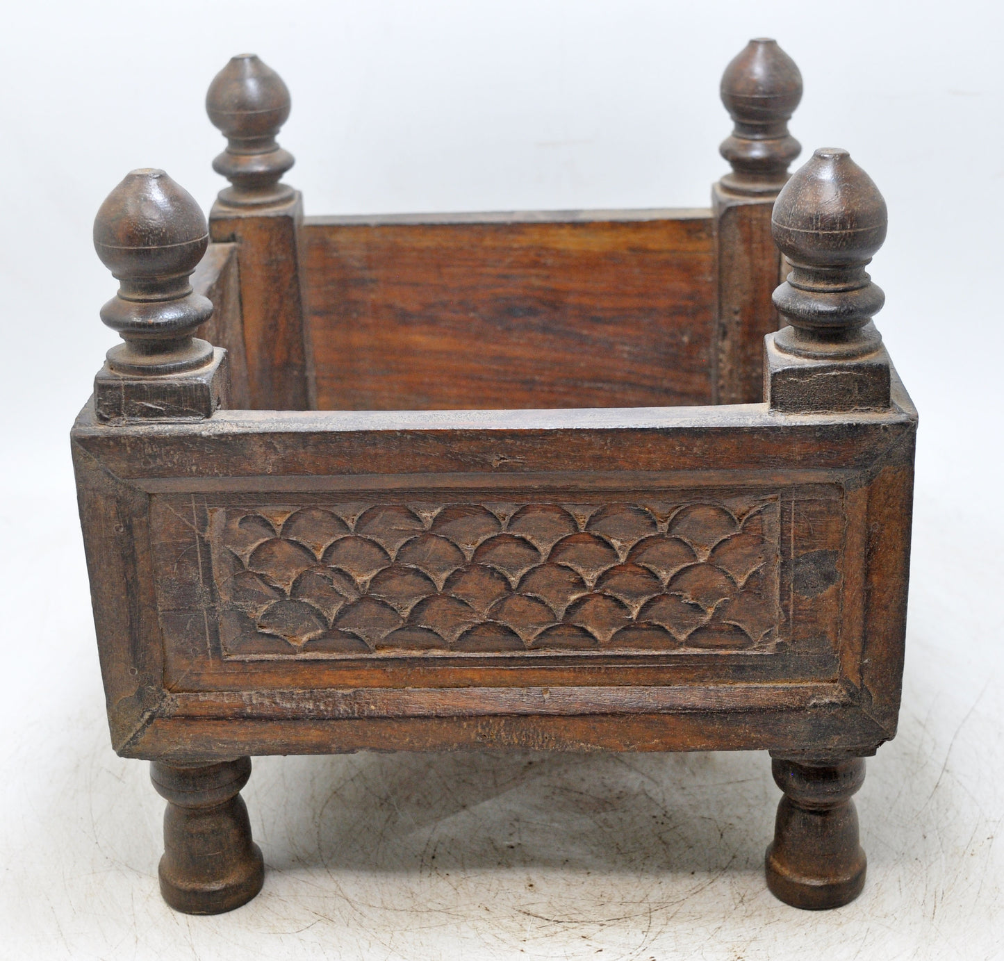 Vintage Wooden Square Basket Original Old Hand Crafted Carved