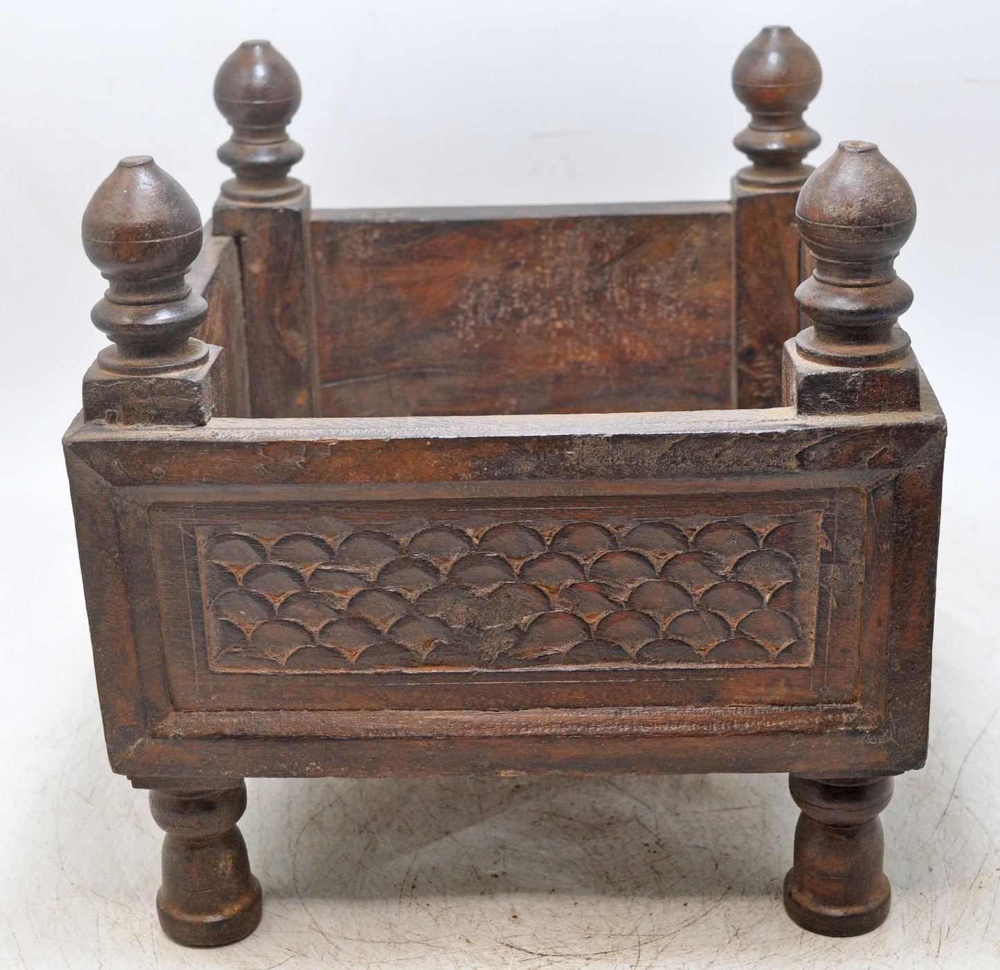 Vintage Wooden Square Basket Original Old Hand Crafted Carved