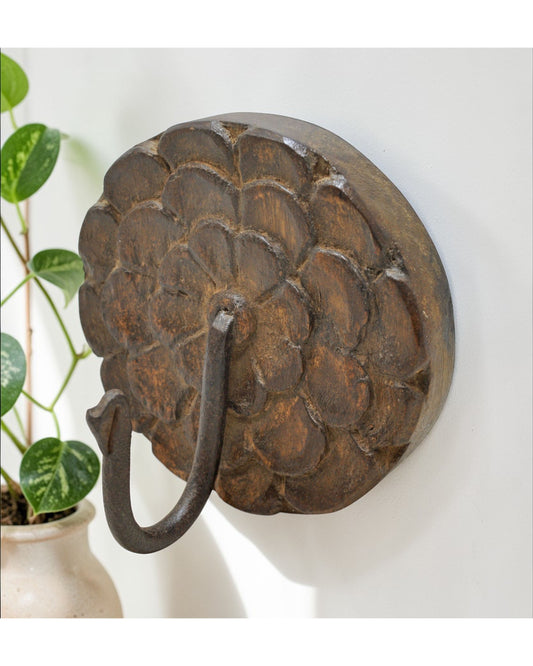 Vintage Wooden Flower Shape Hook Hanger Original Old Hand Carved
