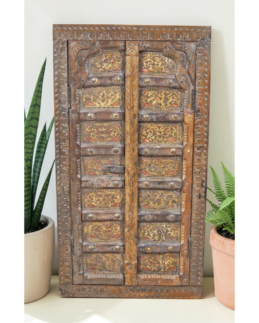 Antique Wooden Large Window Frame With 2 Panels Original Old Fine Brass Metal Fitted