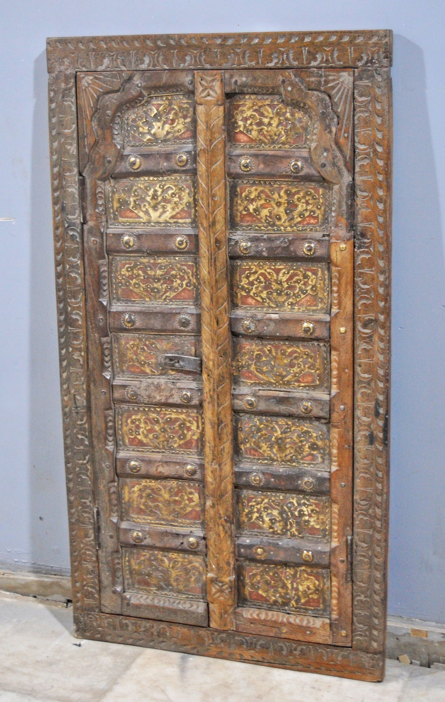 Antique Wooden Large Window Frame With 2 Panels Original Old Fine Brass Metal Fitted