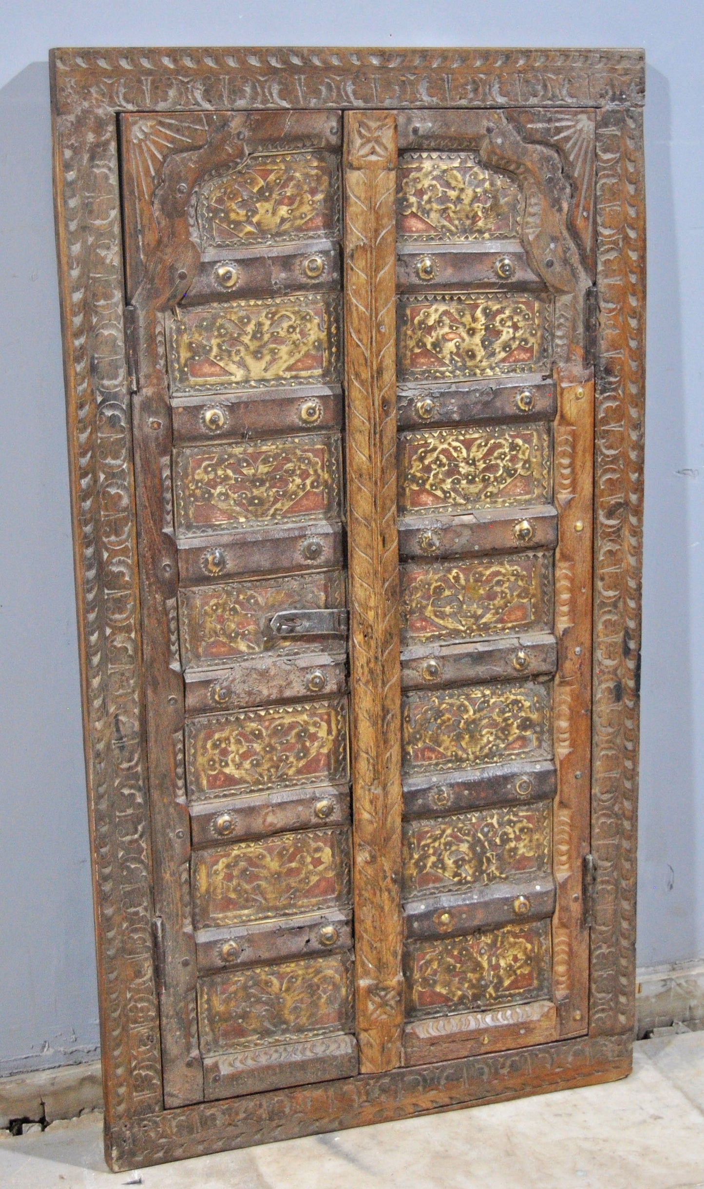 Antique Wooden Large Window Frame With 2 Panels Original Old Fine Brass Metal Fitted