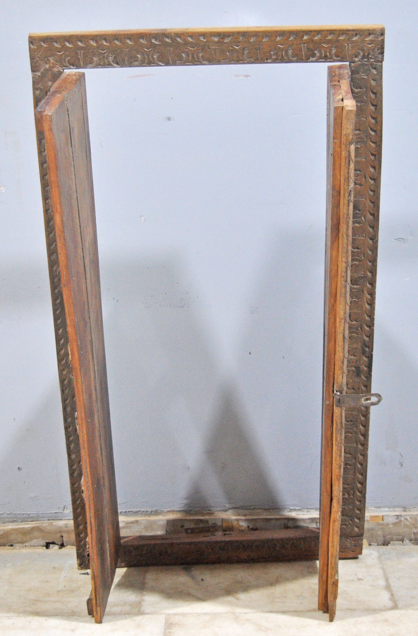 Antique Wooden Large Window Frame With 2 Panels Original Old Fine Brass Metal Fitted