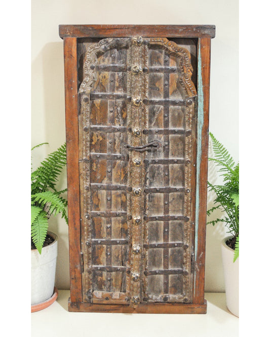 Antique Wooden Large Window Frame With 2 Panels Original Old Fine Carved Metal Fitted