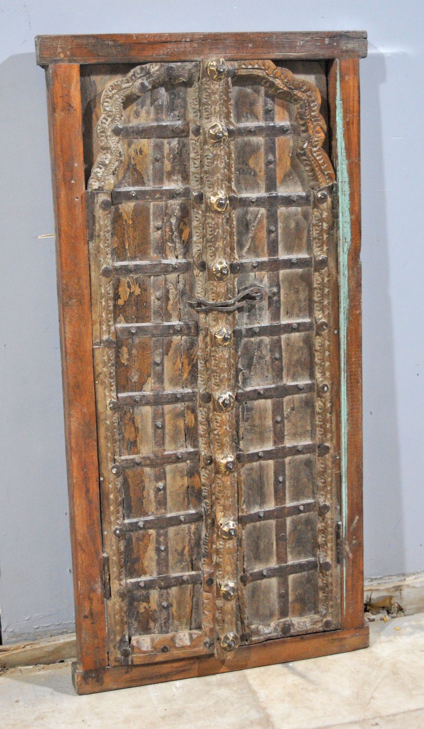 Antique Wooden Large Window Frame With 2 Panels Original Old Fine Carved Metal Fitted