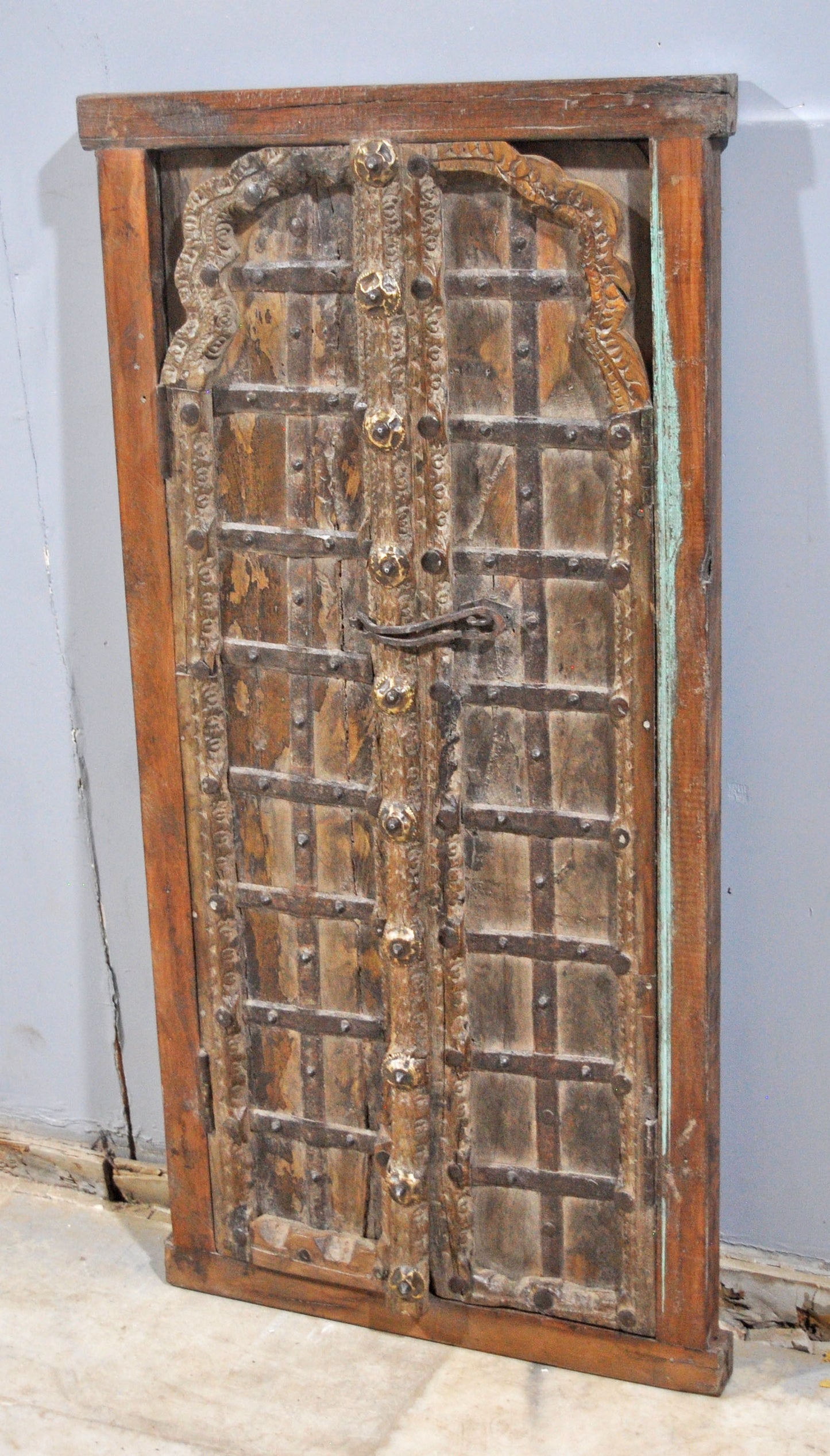 Antique Wooden Large Window Frame With 2 Panels Original Old Fine Carved Metal Fitted