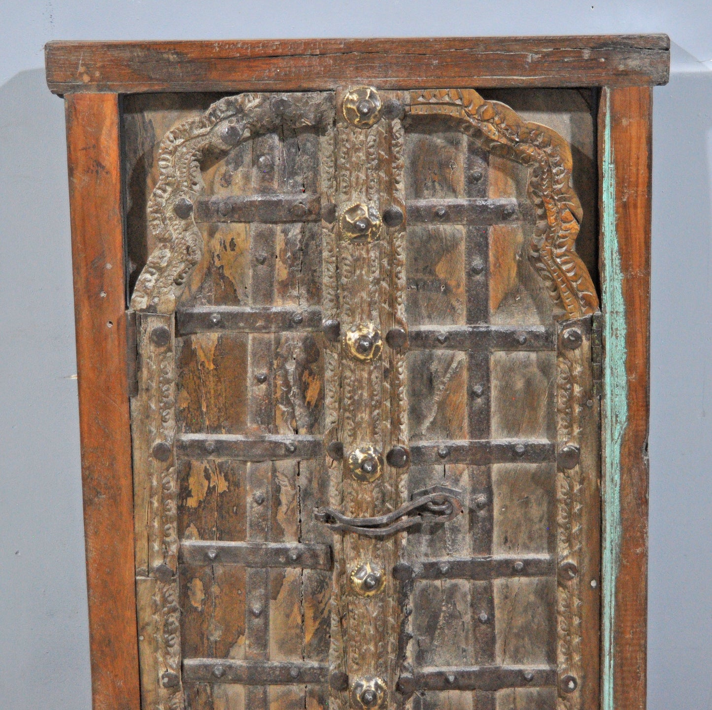 Antique Wooden Large Window Frame With 2 Panels Original Old Fine Carved Metal Fitted