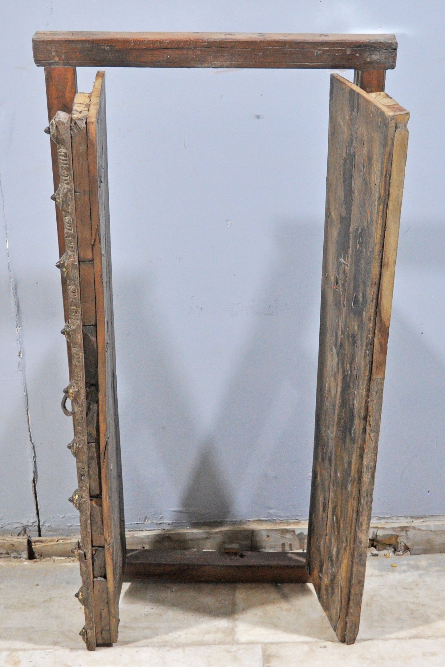Antique Wooden Large Window Frame With 2 Panels Original Old Fine Carved Metal Fitted