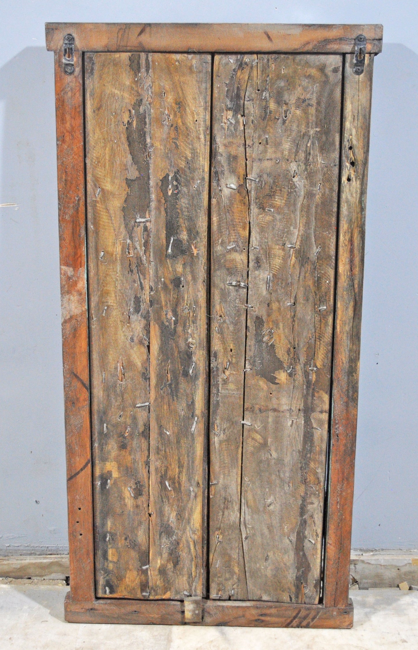 Antique Wooden Large Window Frame With 2 Panels Original Old Fine Carved Metal Fitted