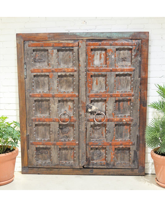 Antique Wooden Large Window Frame With 2 Panels Original Old Hand Crafted Carved