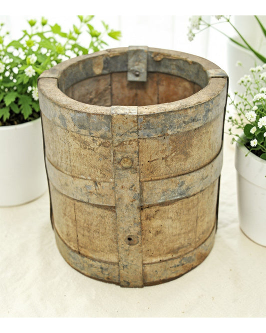 Vintage Wooden Small Planter Pot Original Old Hand Crafted Metal Fitted