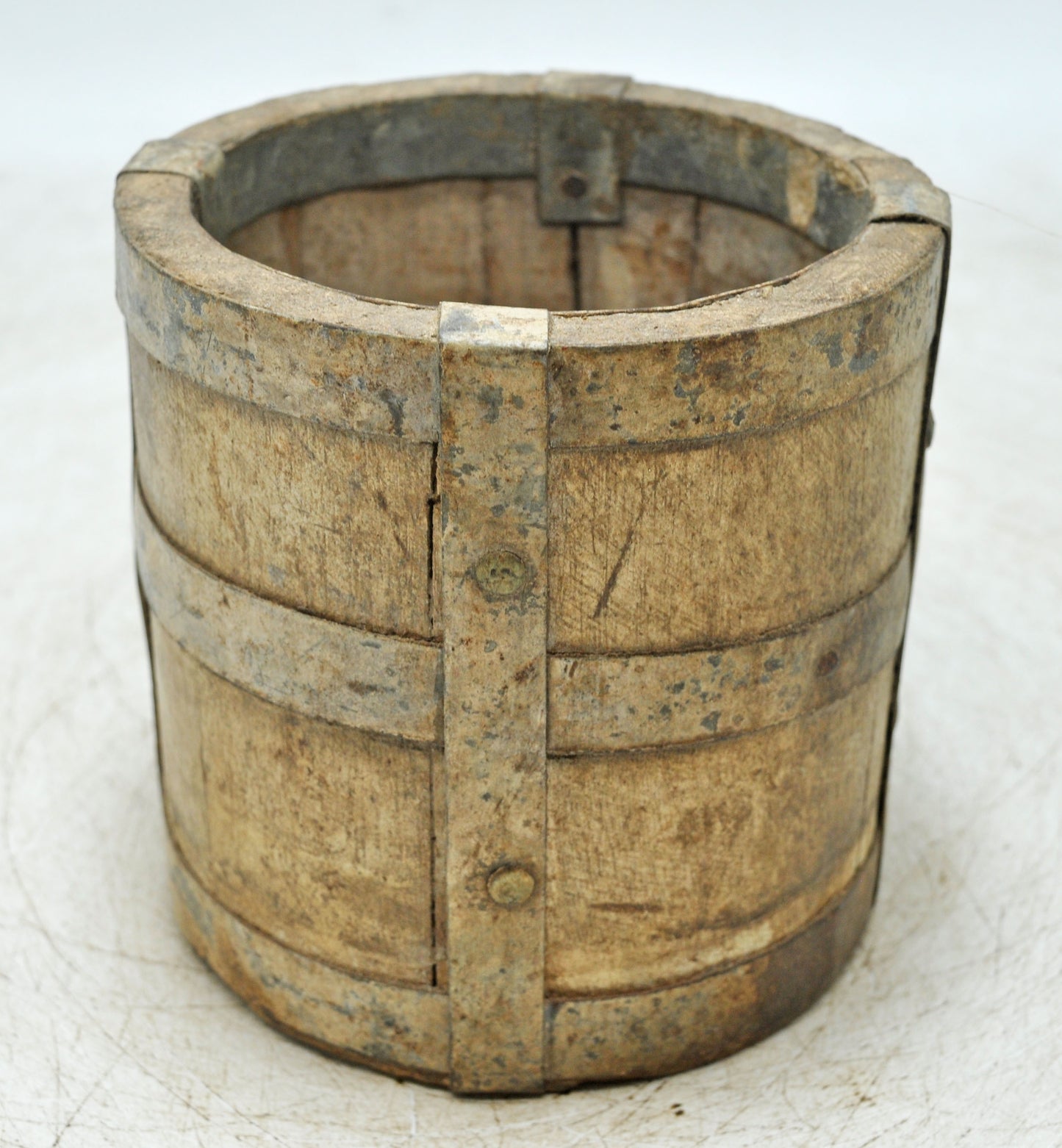 Vintage Wooden Small Planter Pot Original Old Hand Crafted Metal Fitted