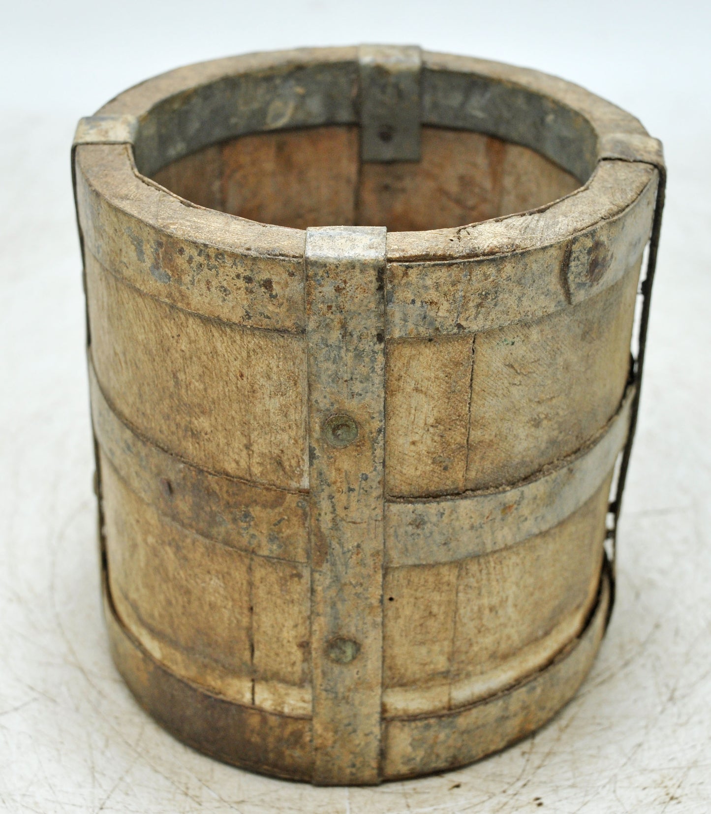 Vintage Wooden Small Planter Pot Original Old Hand Crafted Metal Fitted