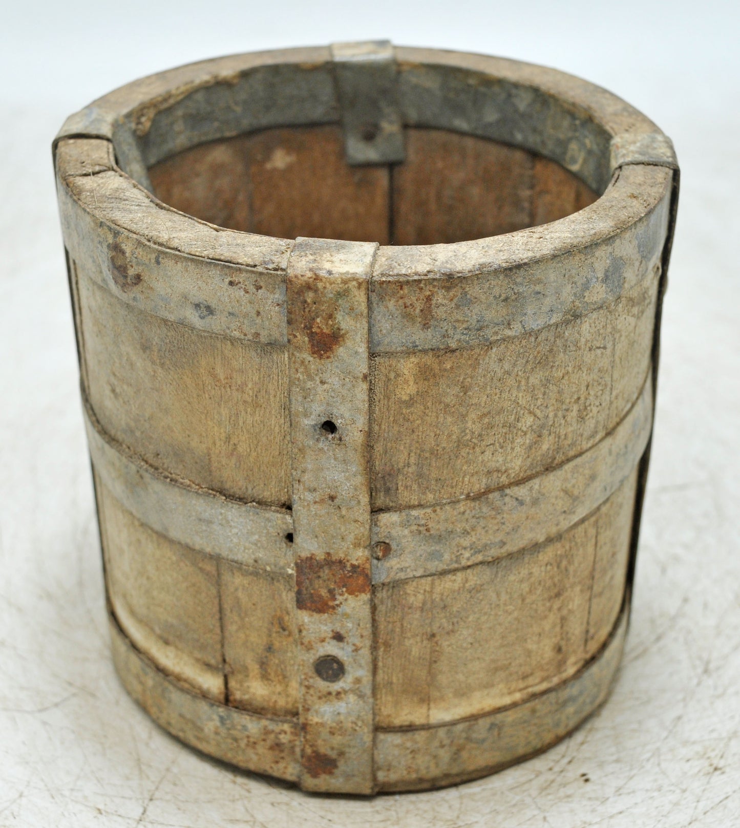 Vintage Wooden Small Planter Pot Original Old Hand Crafted Metal Fitted