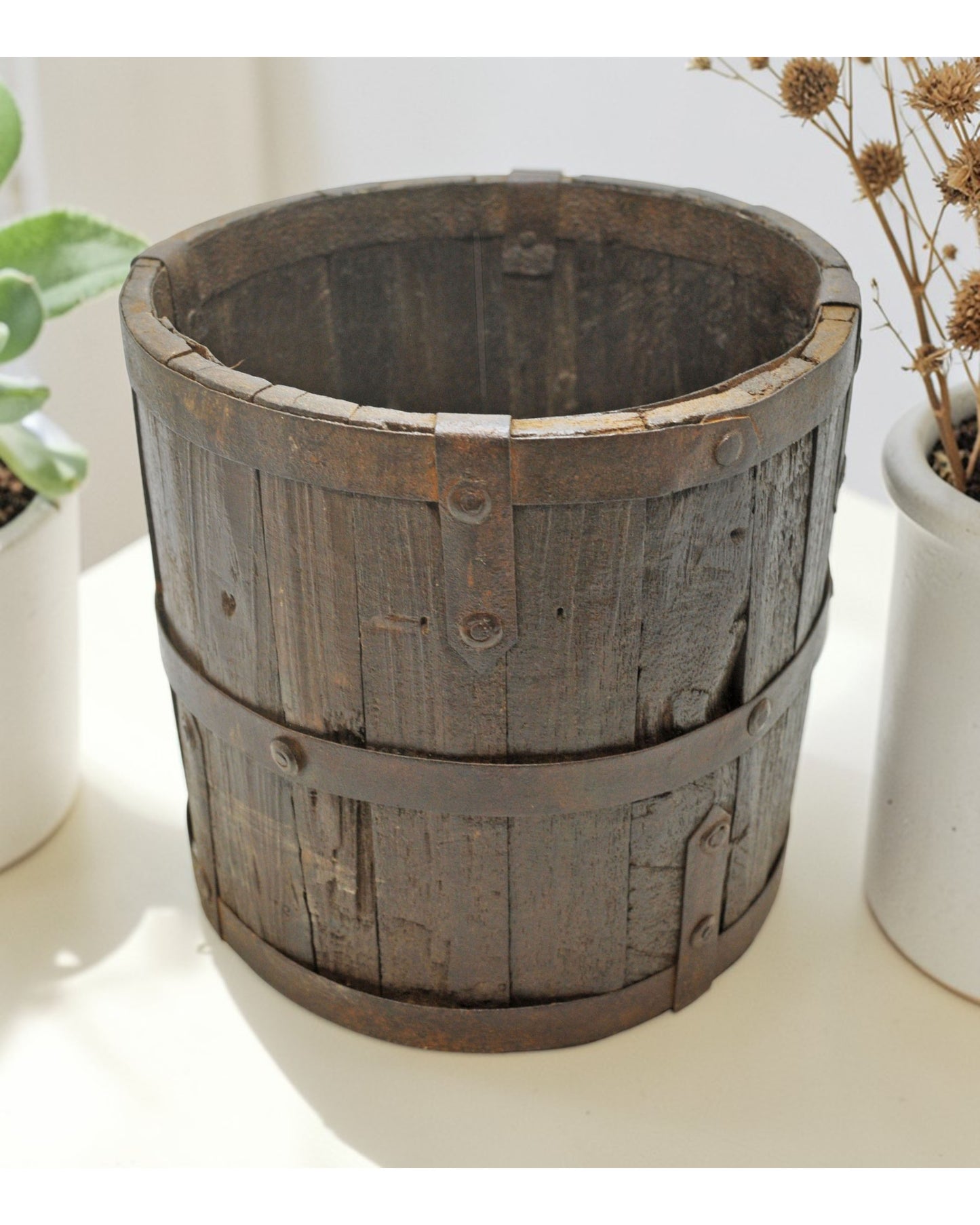 Vintage Wooden Small Planter Pot Original Old Hand Crafted Metal Fitted