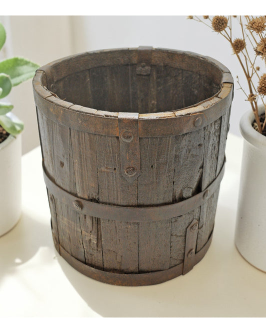 Vintage Wooden Small Planter Pot Original Old Hand Crafted Metal Fitted