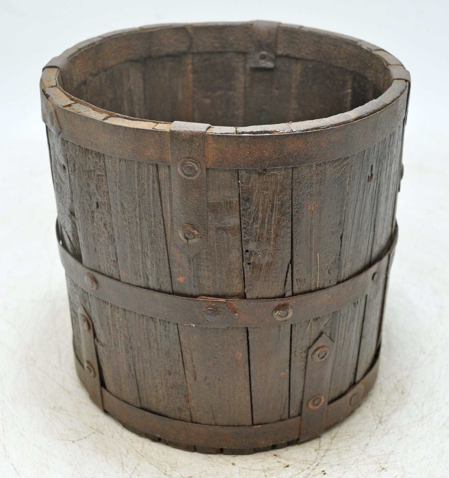 Vintage Wooden Small Planter Pot Original Old Hand Crafted Metal Fitted