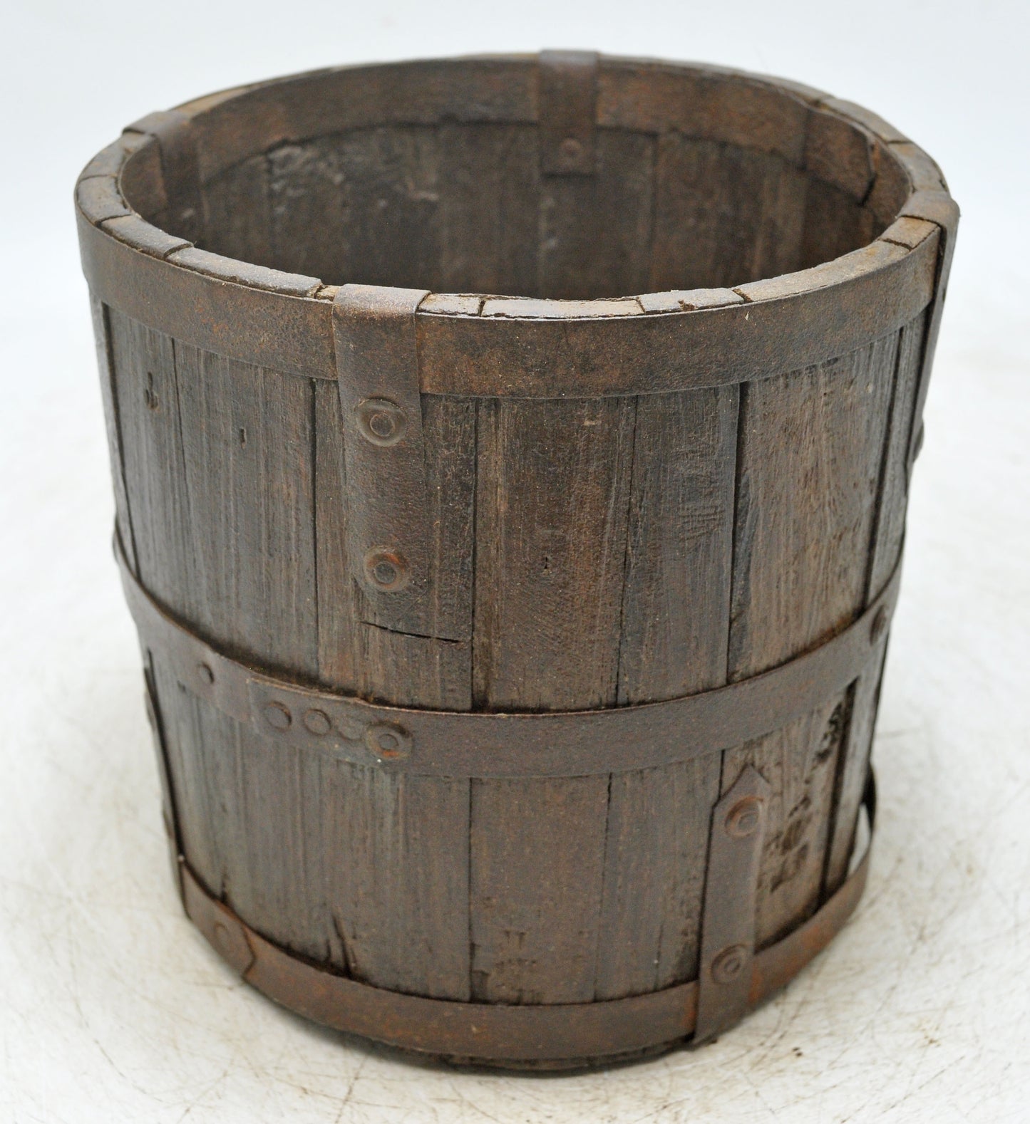 Vintage Wooden Small Planter Pot Original Old Hand Crafted Metal Fitted