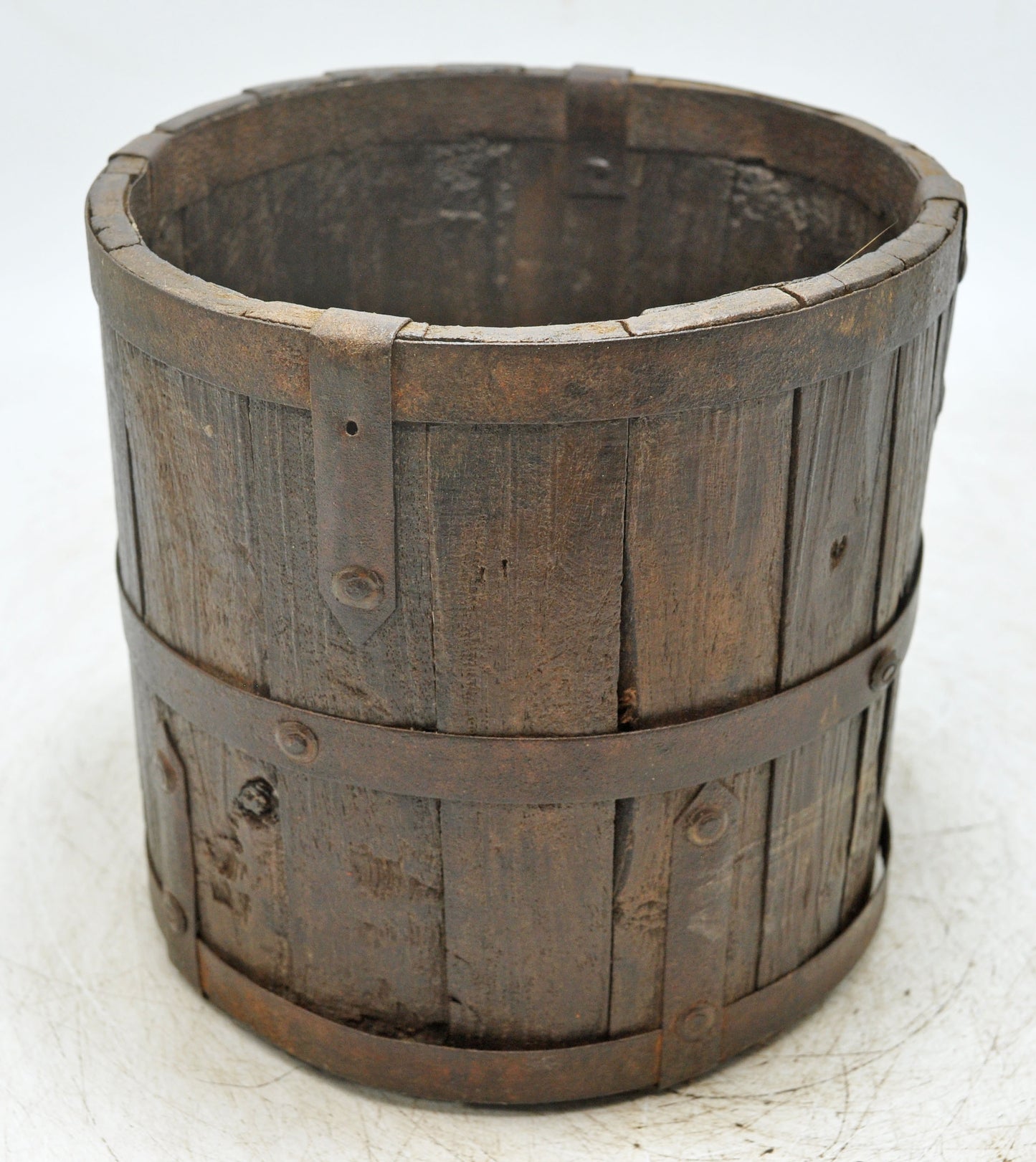 Vintage Wooden Small Planter Pot Original Old Hand Crafted Metal Fitted