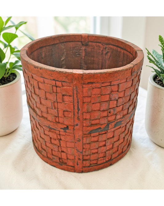 Vintage Wooden Small Planter Pot Original Old Hand Crafted Metal Fitted Carved