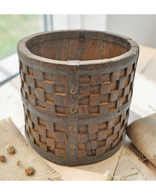 Vintage Wooden Small Planter Pot Original Old Hand Crafted Metal Fitted Carved