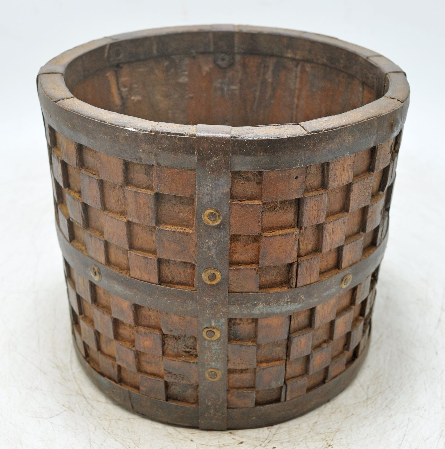 Vintage Wooden Small Planter Pot Original Old Hand Crafted Metal Fitted Carved