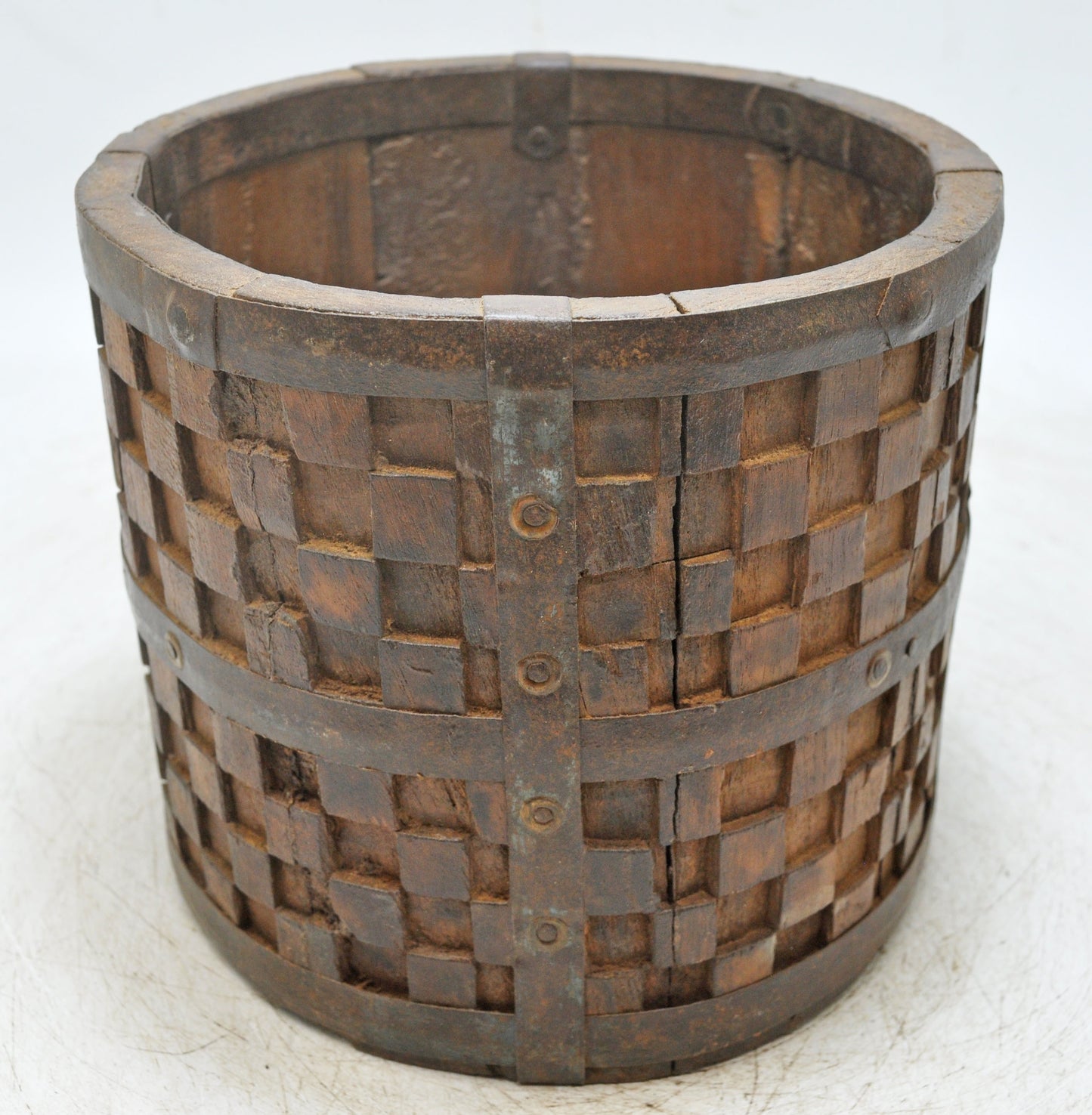 Vintage Wooden Small Planter Pot Original Old Hand Crafted Metal Fitted Carved