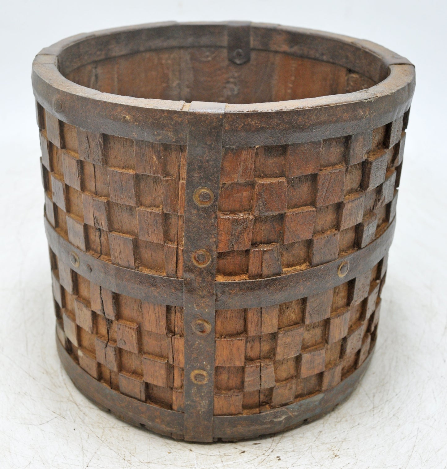 Vintage Wooden Small Planter Pot Original Old Hand Crafted Metal Fitted Carved