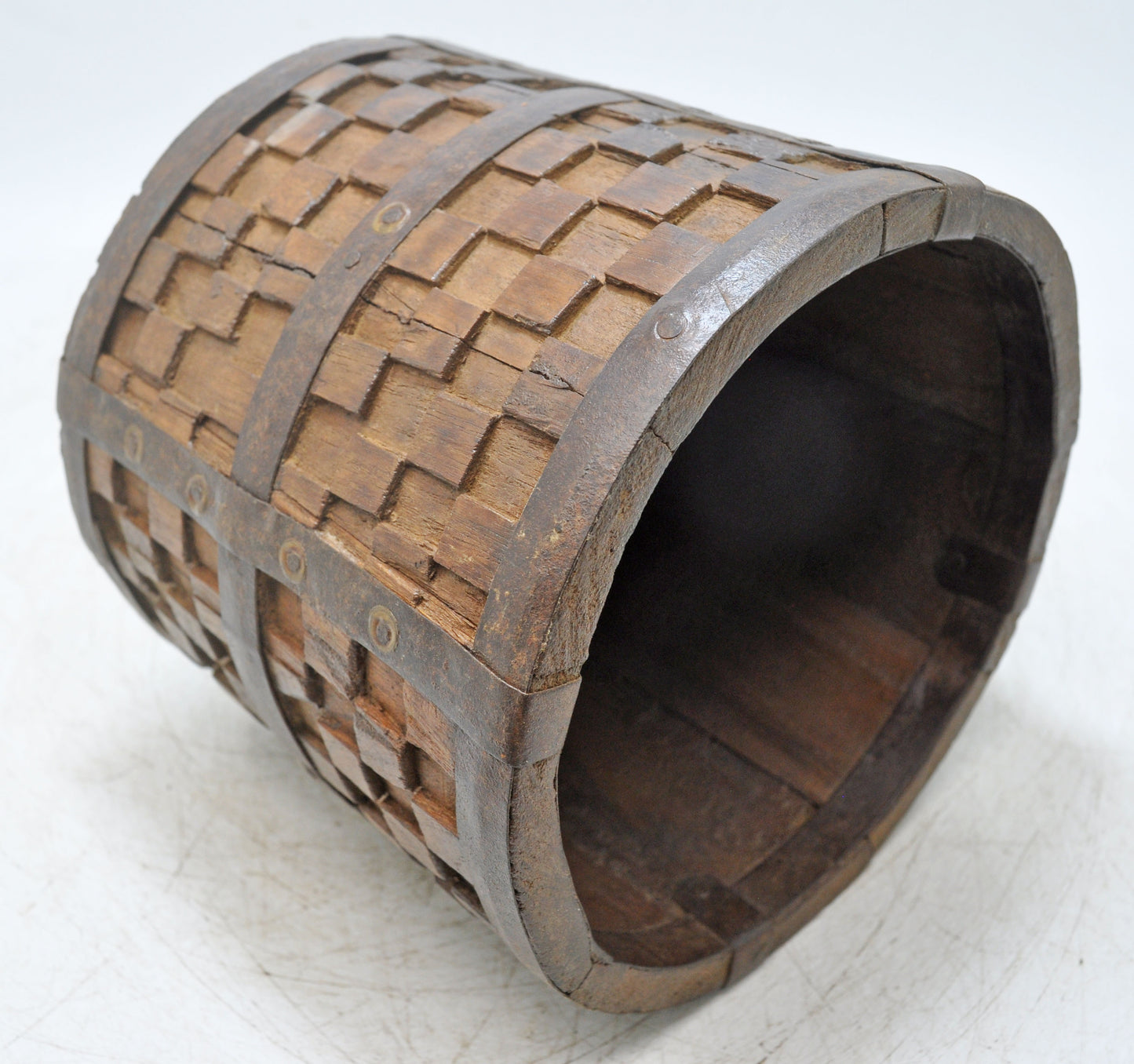 Vintage Wooden Small Planter Pot Original Old Hand Crafted Metal Fitted Carved