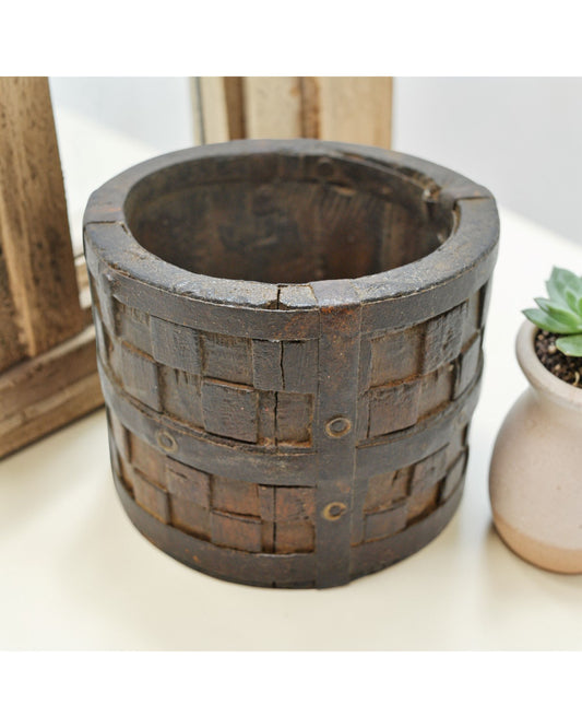Vintage Wooden Small Planter Pot Original Old Hand Crafted Metal Fitted Carved
