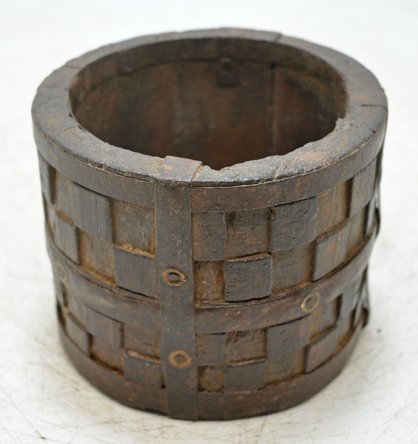 Vintage Wooden Small Planter Pot Original Old Hand Crafted Metal Fitted Carved