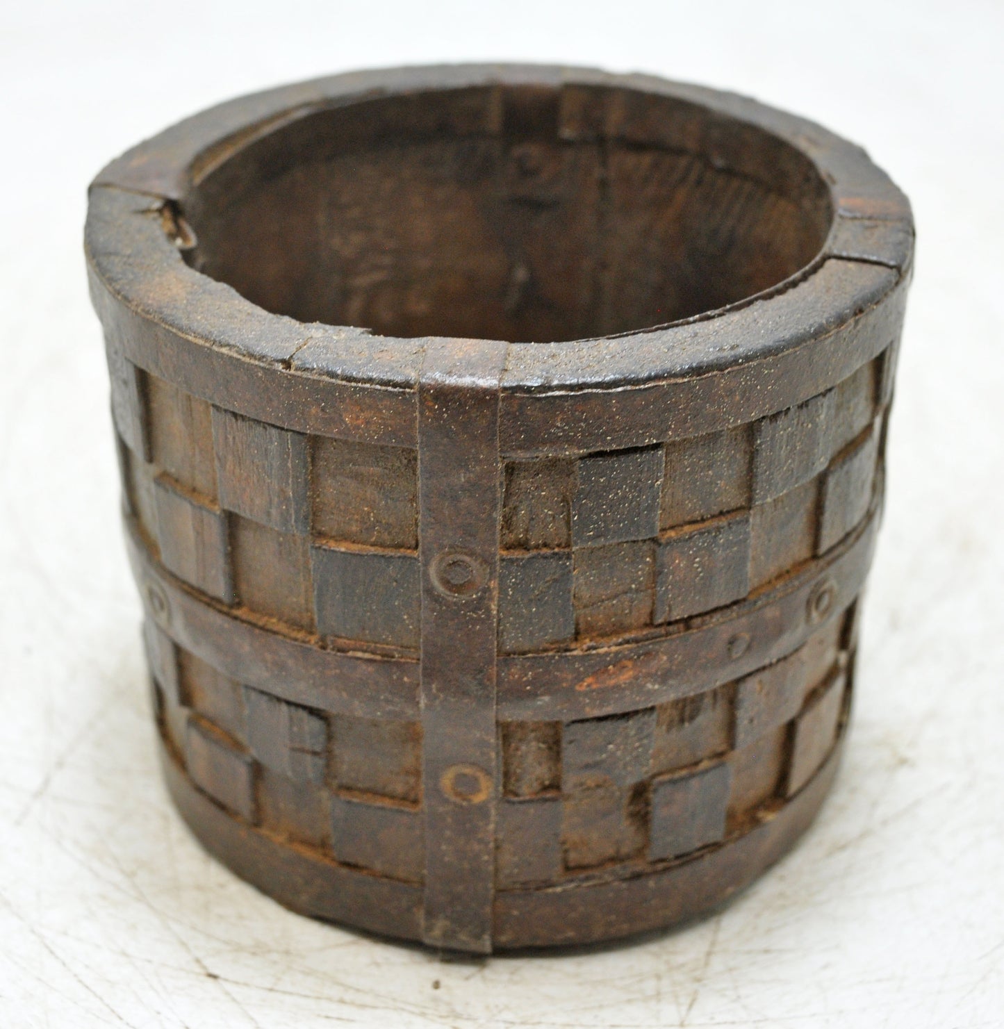 Vintage Wooden Small Planter Pot Original Old Hand Crafted Metal Fitted Carved