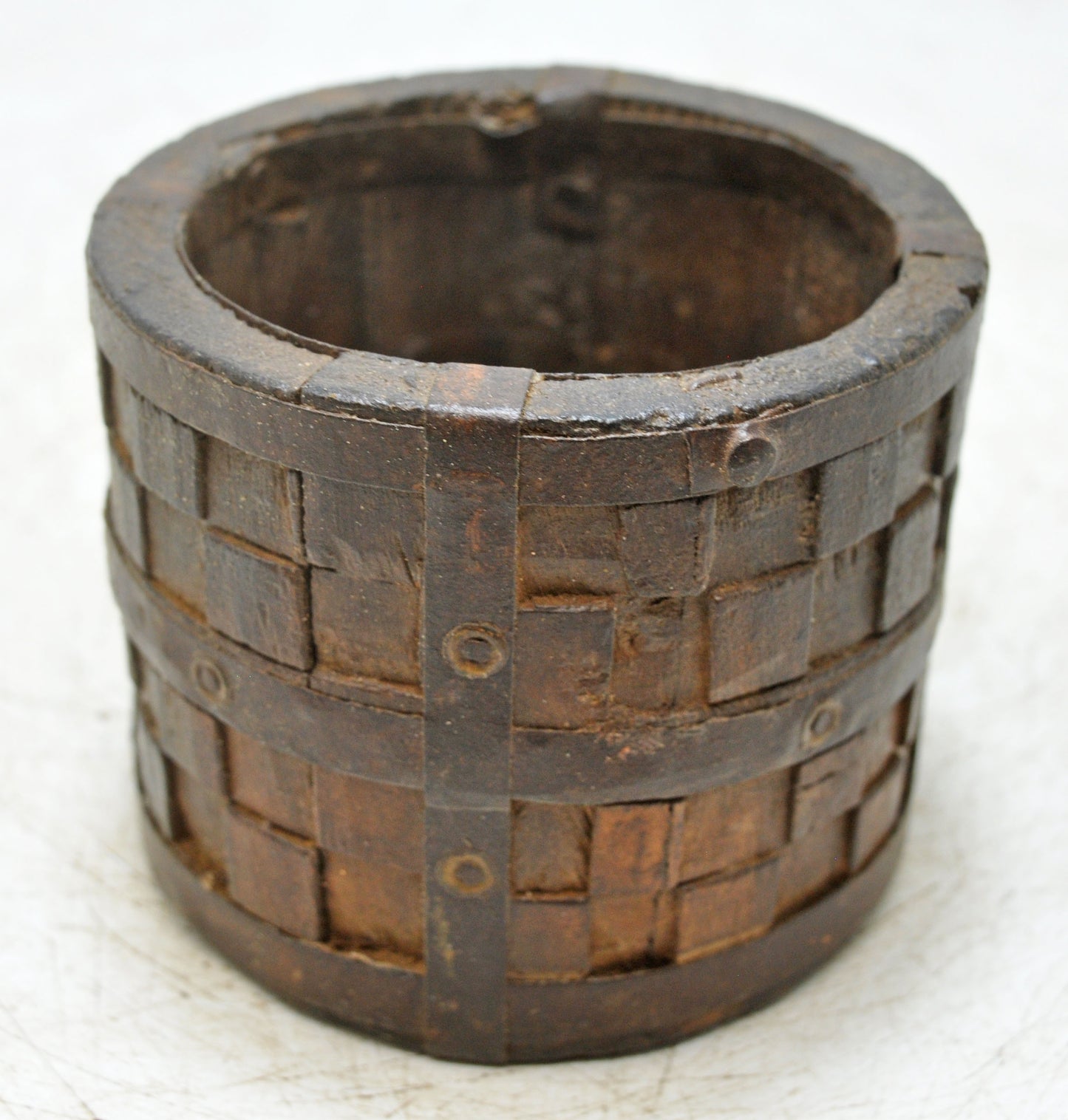 Vintage Wooden Small Planter Pot Original Old Hand Crafted Metal Fitted Carved